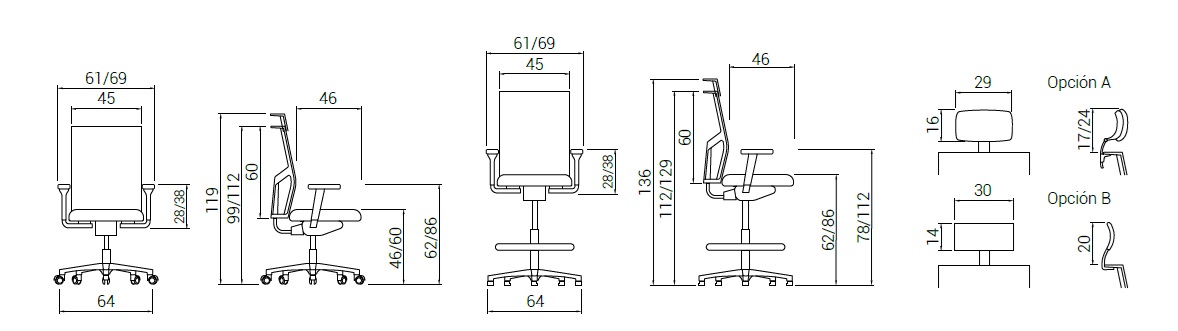 Mesures de la cadira ergonòmica de gamma alta Atika pro