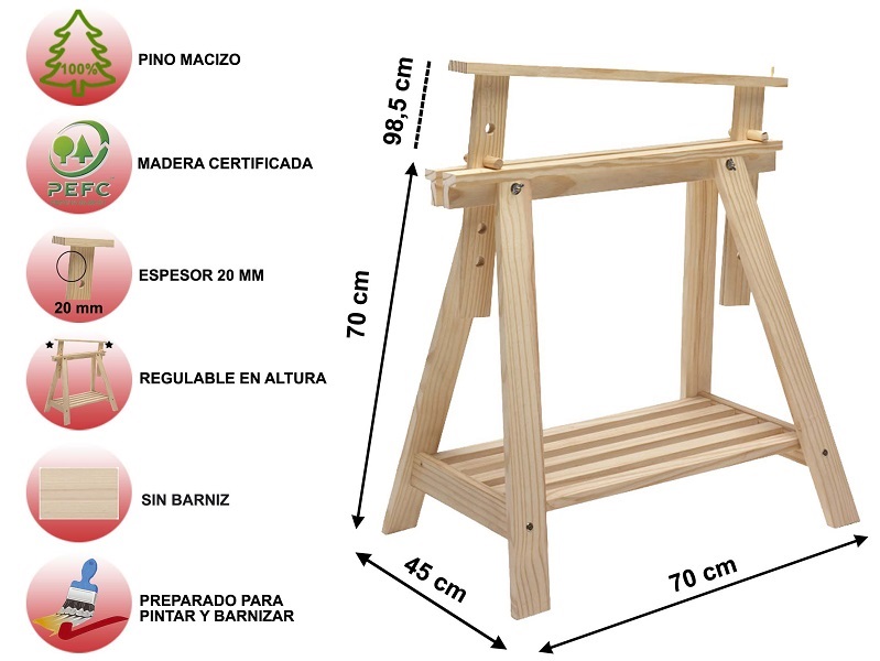 Detalles técnicos del caballete de pino regulable en altura para escritorio Detalles técnicos del caballete de pino regulable en altura para escritorio